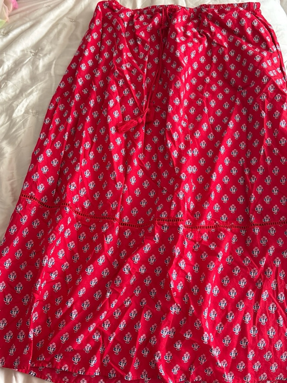 Universal Red Printed Tiered Maxi Skirt with White Motif
